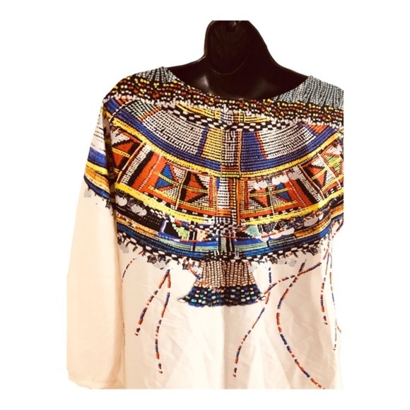 Zara ivory multicolor masai pattern look mid sleeve tunic style shirt dress sz M - Picture 10 of 17